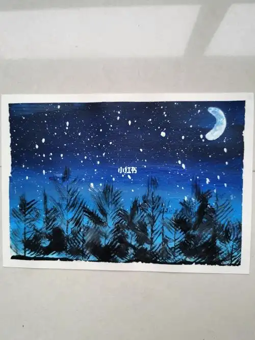 临摹@爱画画的小想的星空用到的水粉颜料:普兰,群青,湖蓝,白色,黑色