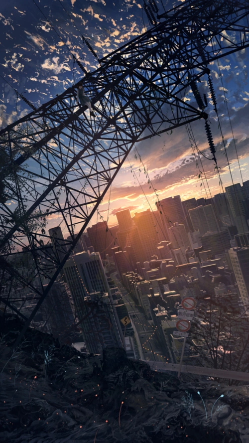 5k手机高压线 城市风景 黄昏超高清壁纸 - 日本动漫 - h128壁纸