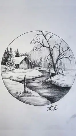 风景画简笔画黑白冬天