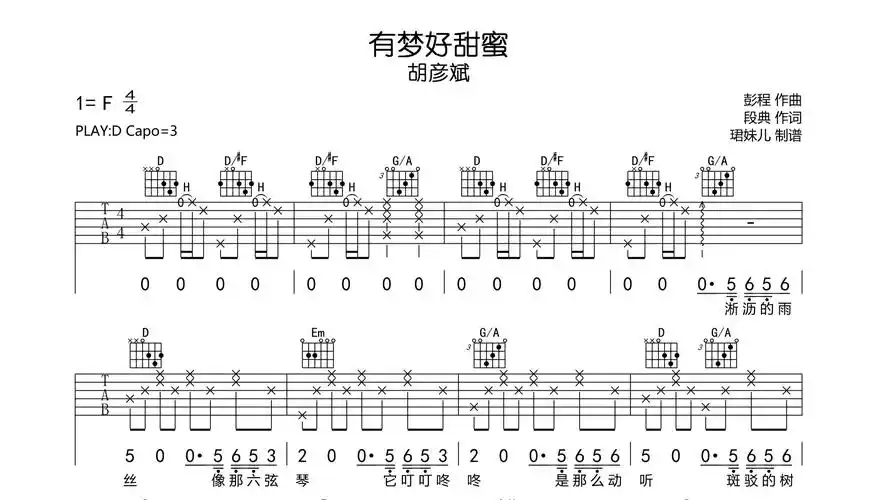 胡彦斌《有梦好甜蜜》吉他谱_d调吉他弹唱谱-看谱啦
