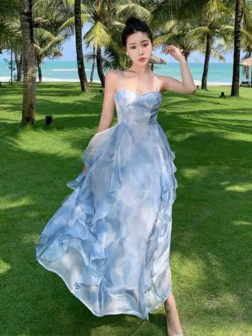 旅游度假风海边沙滩长裙高级感法式抹胸吊带连衣裙夏日多巴胺穿