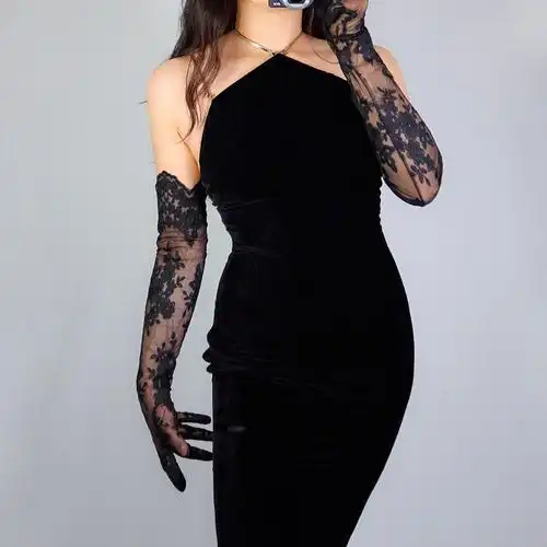 m 蕾丝长手套 62cm超长款透视透明睫毛花边波浪网纱黑色婚纱礼服》无