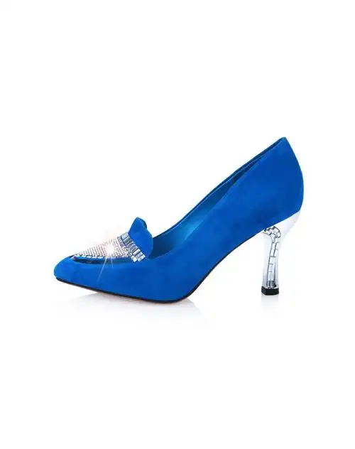 兰色-优雅尖头磨砂皮水钻粗高跟单鞋