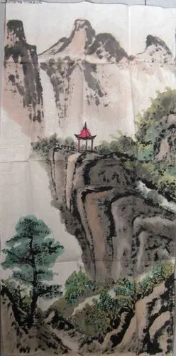 漂亮气派的三尺条幅无款山水画山顶小亭