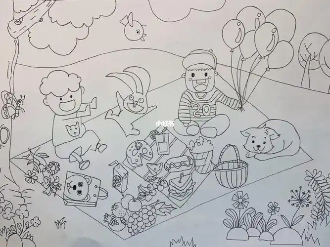 儿童简笔画打卡之《野餐》 线稿.