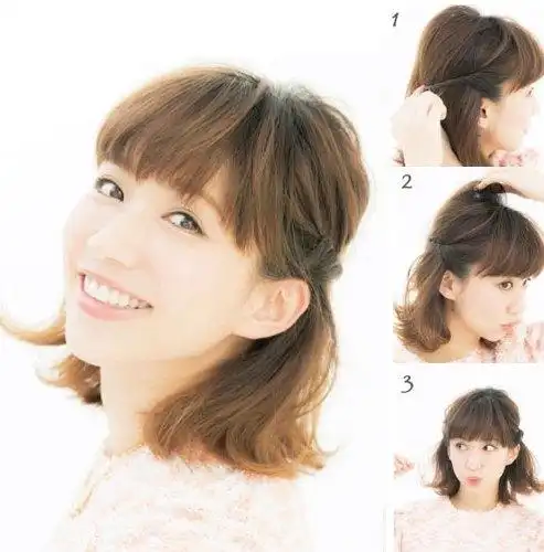 齐肩短发怎么扎好看一:1,用卷发棒将头发做成内卷,并将刘海7:3侧分