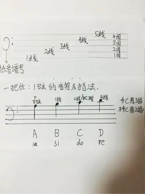 大提琴指法第一把位:一,二,三,四弦指法位置以及指法相对应的音在