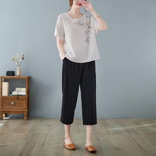 mclz麻料女装亚麻高级棉麻套装洋气绣花短袖t恤上衣宽松裤子女2024夏
