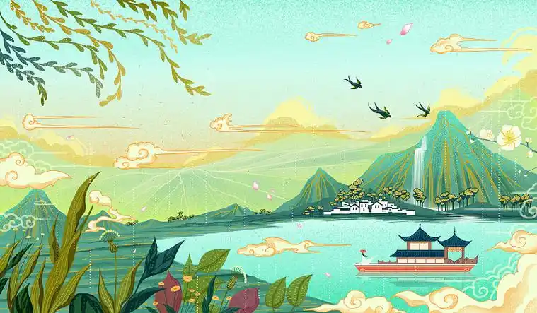 雨中的江南风光清明节插画图片