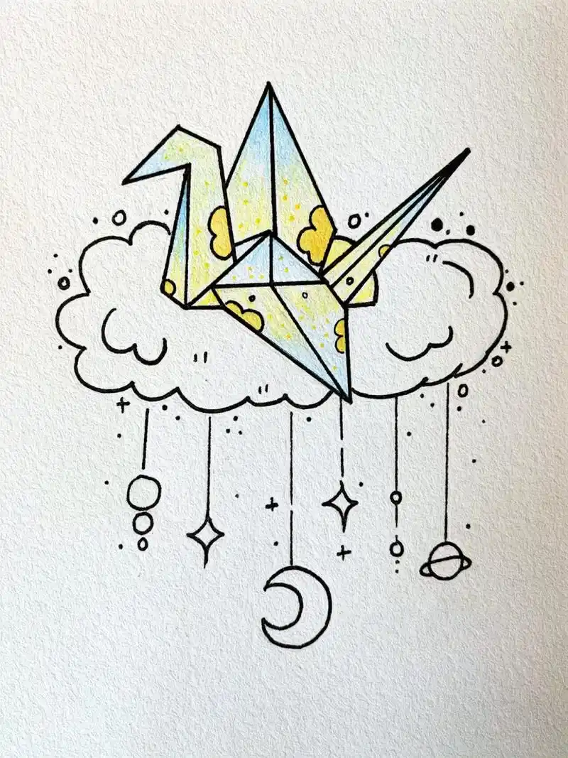 简笔画61插画-千纸鹤风铃     治愈系千纸鹤绘画教程来啦 线稿是