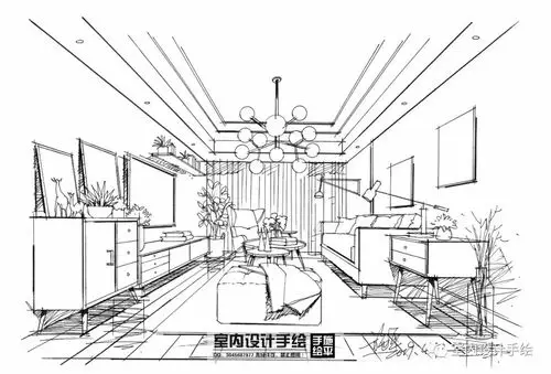 【原创手绘】原木 灰调客厅空间线稿步骤!_进行