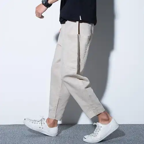 夏款亚麻九分裤男萝卜裤韩版时尚哈伦裤棉麻休闲裤宽松小脚裤子男