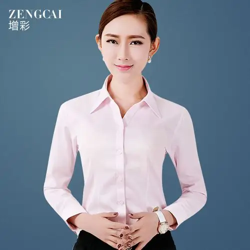 增彩白衬衫女长袖职业正装衬衣打底修身v领工装工作服大码ol女装