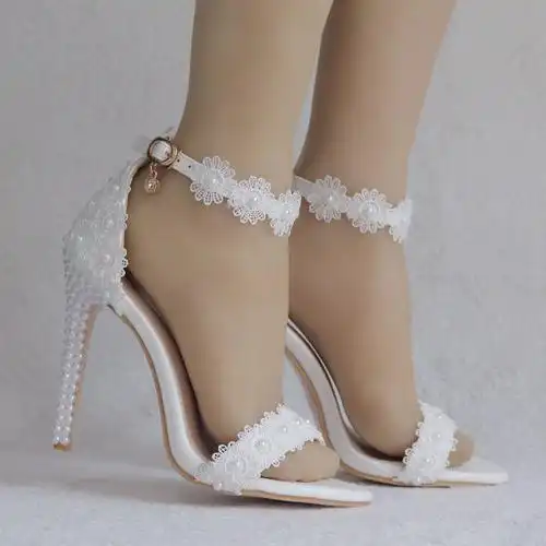 外贸高跟凉鞋 白色一字扣带鞋 细跟鱼嘴罗马凉鞋 白色蕾丝凉鞋