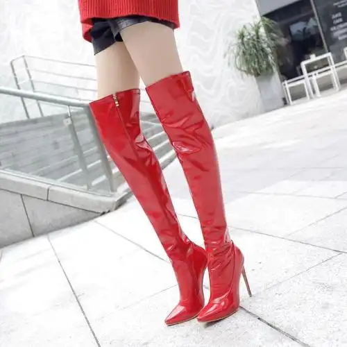 天高过膝长靴女超高跟时装鞋细跟高筒靴骑士红色时装靴