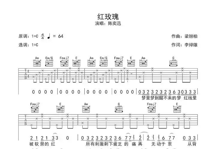 红玫瑰吉他谱_陈奕迅c调弹唱49%原版_茉莉吉他up - 吉他世界