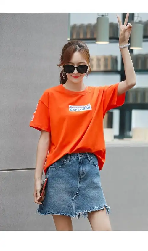 新品春夏装新款橙色恤女短袖宽松潮韩范ins半袖女装打衫上衣服休闲