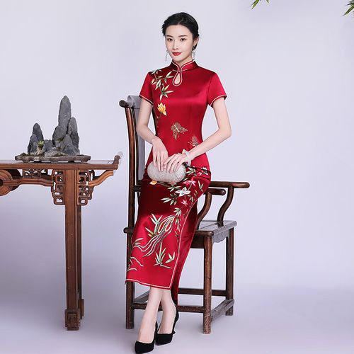 钱塘佳人妈妈婚宴旗袍长款气质优雅红色醋酸缎面旗袍