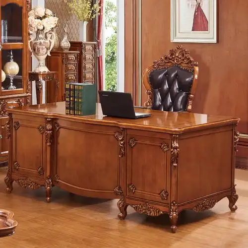 欧式书桌美式复古实木雕花书桌家用电脑桌写字台办公桌学习桌子