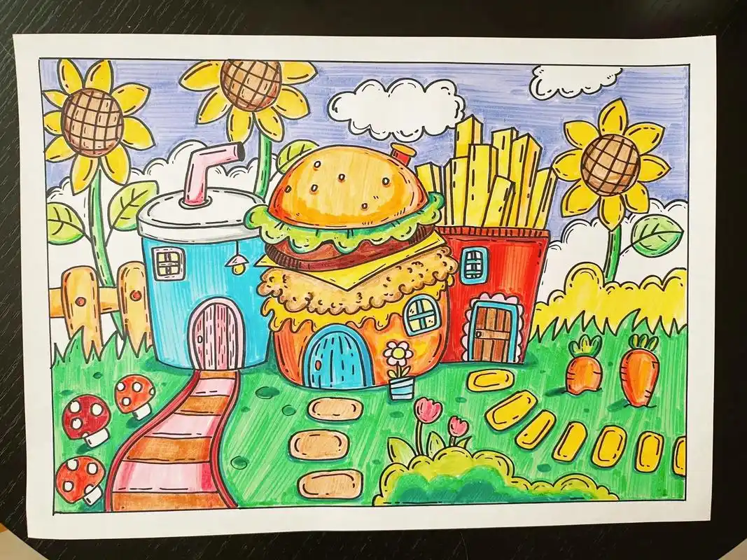 汉堡套餐小屋|步骤图.适合7-8岁 创意儿童画 #创意美术  - 抖音