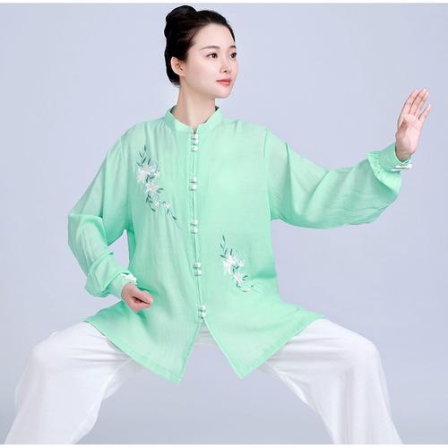 棉麻亚麻太极拳练功服女服装绣花夏季春秋套装小和山太极服女新款