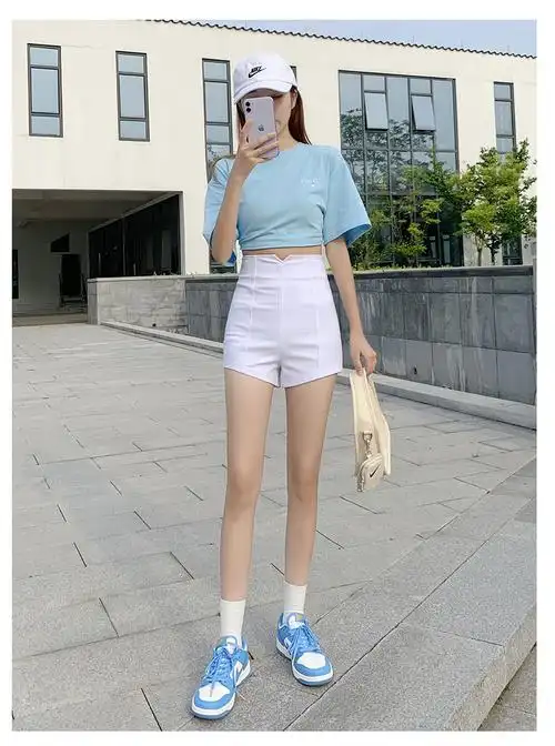 xina香港潮牌白色短裤女夏季外穿打底高腰紧身弹力显瘦小个子超短热裤