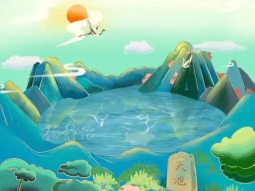 长白山天池国潮风中国风手绘插画