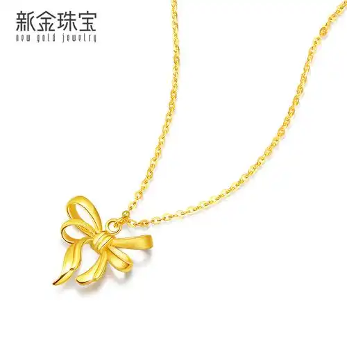 新金珠宝黄金蝴蝶结项链女5g硬金吊坠颈链999足金礼结套链lj1042