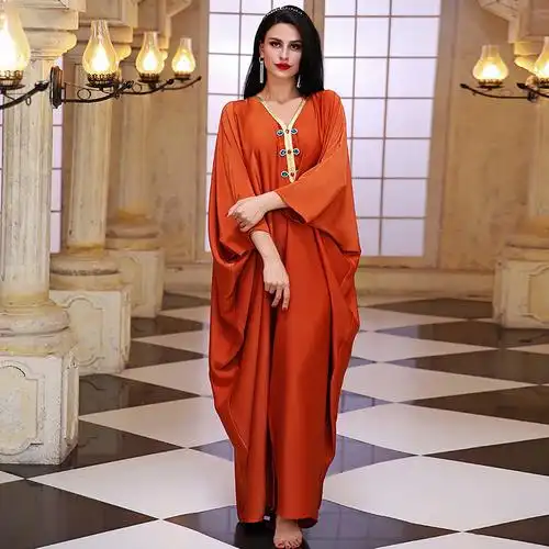 阿拉伯服装男迪拜旅行裙金边面缝钻连衣裙蝙蝠袖斗篷新疆长袍燃橙色s