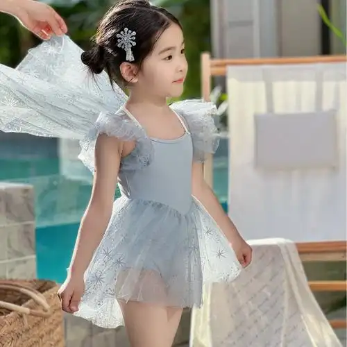 艾莎乐佩小天鹅女童泳衣女童芭蕾舞蹈裙夏儿童游泳衣公主分体ou