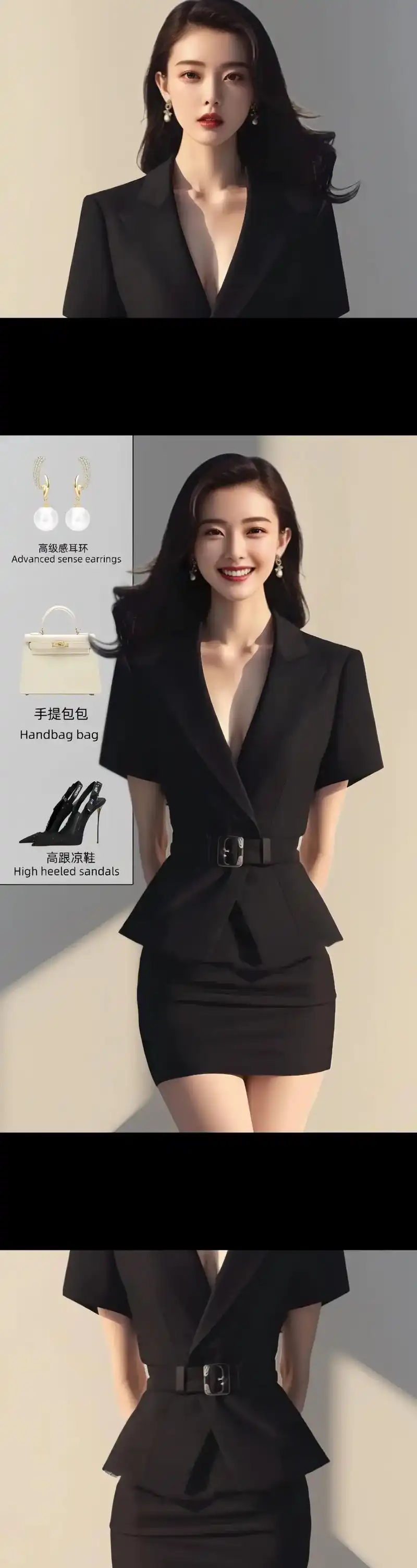 轻奢黑色西装短裙两件套.这一套包含了经典的黑色,在永不过时的基础上