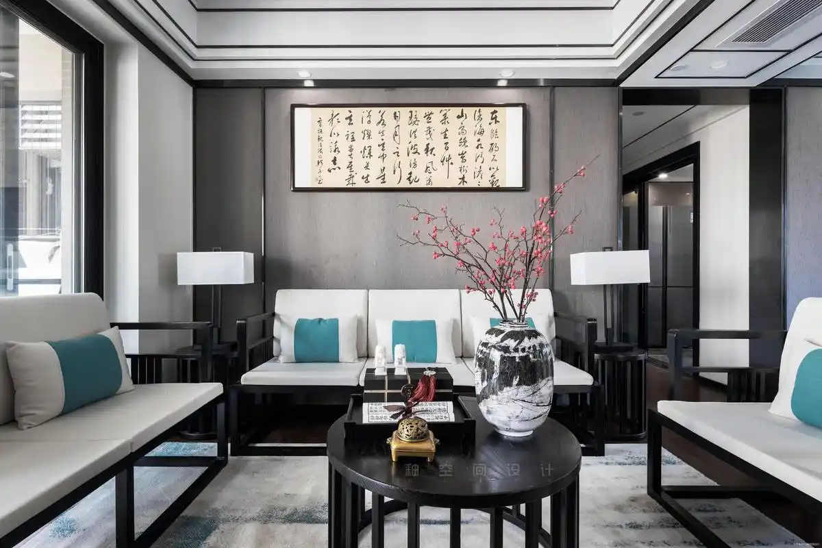 现代新中式装修效果图,色彩搭配,材质,布局