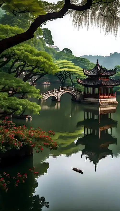 夏日杭州西湖,风景如画,清澈湖面映衬古民居,石拱桥 - 抖音