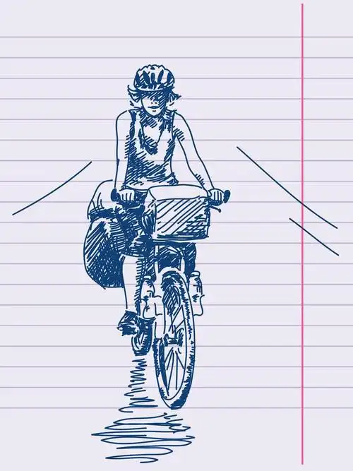 手工绘制的女孩骑单车的矢量