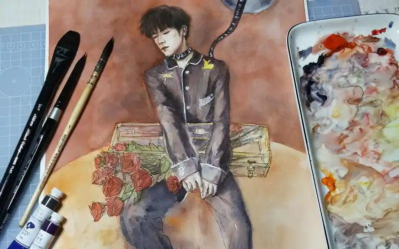 水彩人物绘制过程:易烊千玺全身像