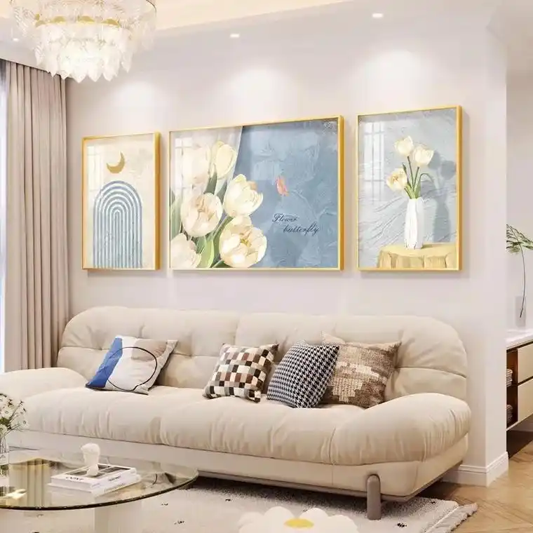 奶油风客厅装饰画花卉郁金香三联画壁画简约沙发卧室背景墙壁挂画