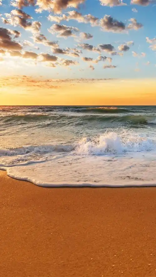 美丽的夕阳海滩,海岸,海,海浪,沙滩,阳光 4k