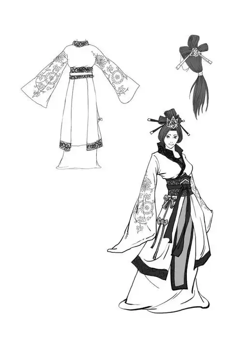 这种服装通身紧窄,长可曳地,下摆一般呈喇叭状,行不露足.