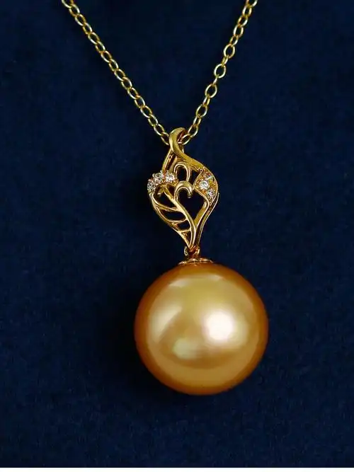 珍媄珠宝 南洋金珠吊坠13-14mm正圆强光 14k金黄色海水珍珠项链单颗