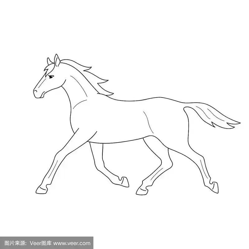 孤立的黑色轮廓奔跑,小跑的马在白色的背景.侧视图.曲线线.一页涂色书