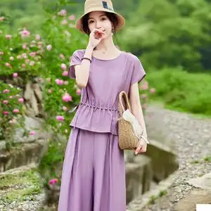 高端原创天丝苎麻棉麻套装夏季妈妈阔太太洋气大码女装亚麻两件套