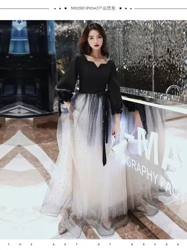 黑色仙女晚礼服裙仙气长款星空渐变梦幻女森系质感小礼服一件代发