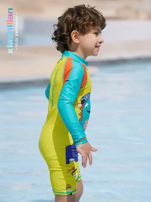 韩国帅气儿童泳衣防晒长袖男童恐龙连体游泳衣中小童宝宝冲浪服潮