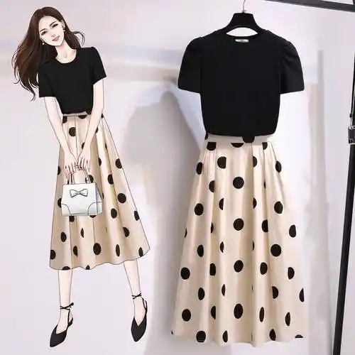 新款黑色上衣白色高腰波点a字半身裙女夏套装女图片_视频_穿搭_搭配