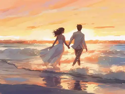 情侣海边背影唯美浪漫情人节爱情油画手绘插画温馨氛围感场景海报人物