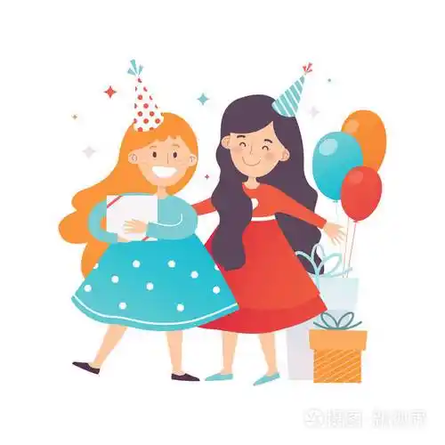 两个可爱的女孩庆祝生日.穿着派对帽的快乐朋友.礼物和气球.