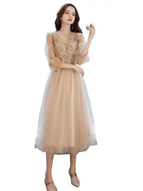 香槟色宴会订婚晚礼服裙女气质伴娘服艺主持人连衣裙婚纱