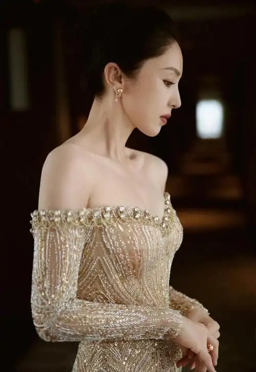董璇晒最新活动美照一袭鎏金抹胸透视长裙性感优雅气质绝佳