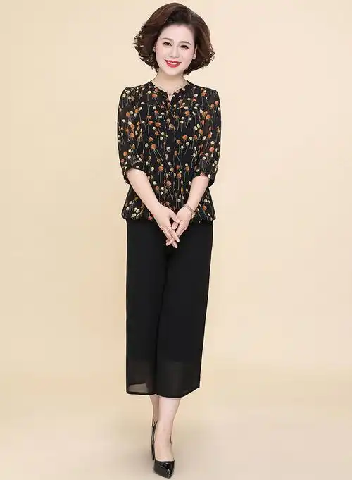 雪纺中老年40岁50上衣夏装洋气大码女装两件套妈妈装【价格 图片 品牌