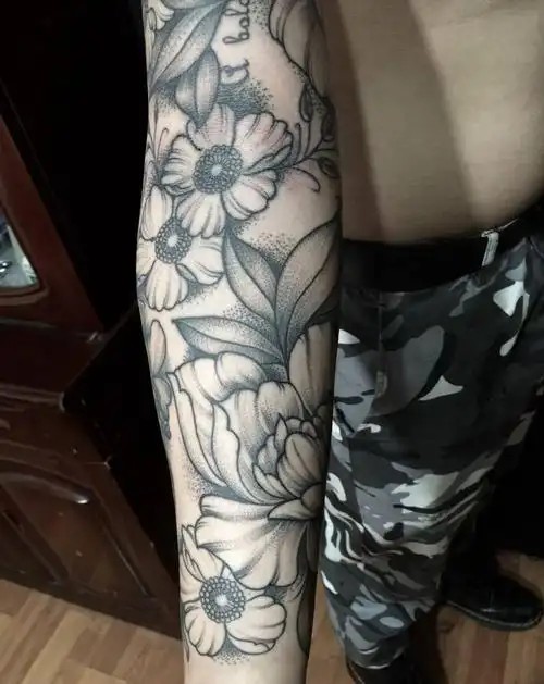 点刺飞针花花臂纹身图片成品手臂清新植物纹身图案